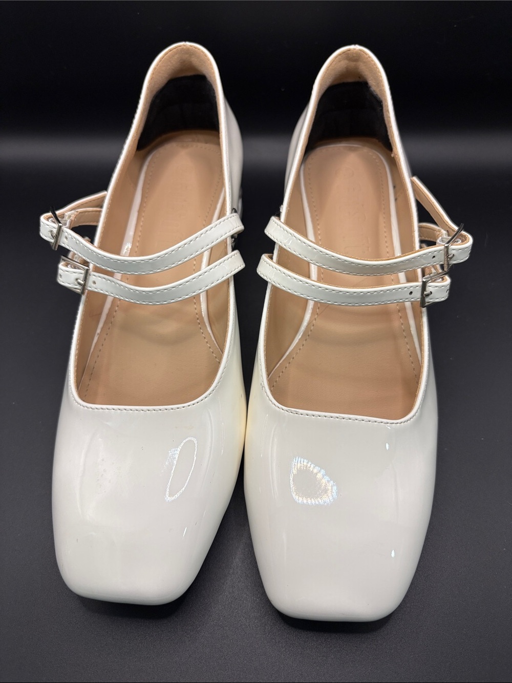 Patent Double-Strap Square-Toe Flats in White